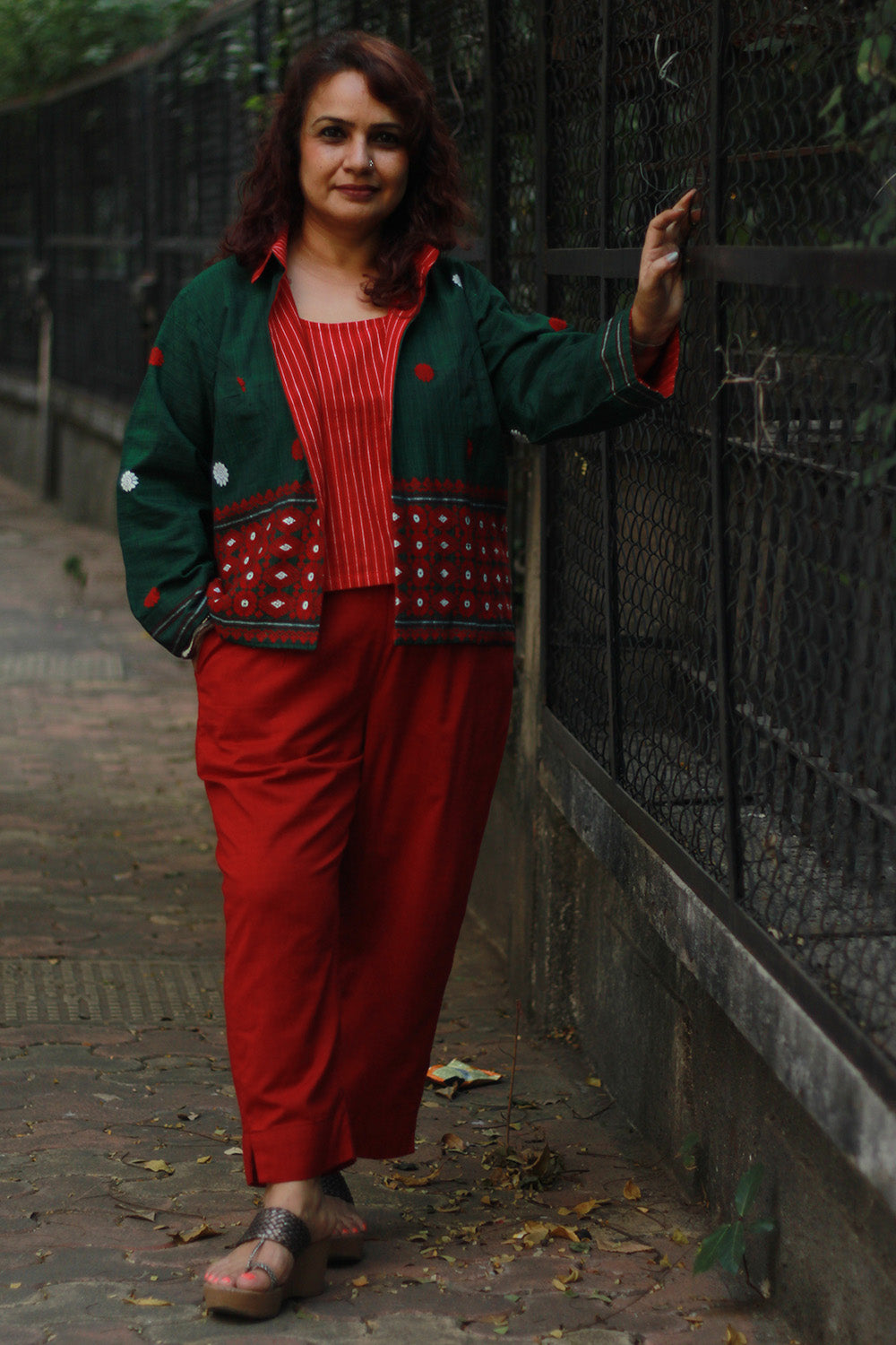 Dohra | Reversible Jacket | Rouge Stripes / Green