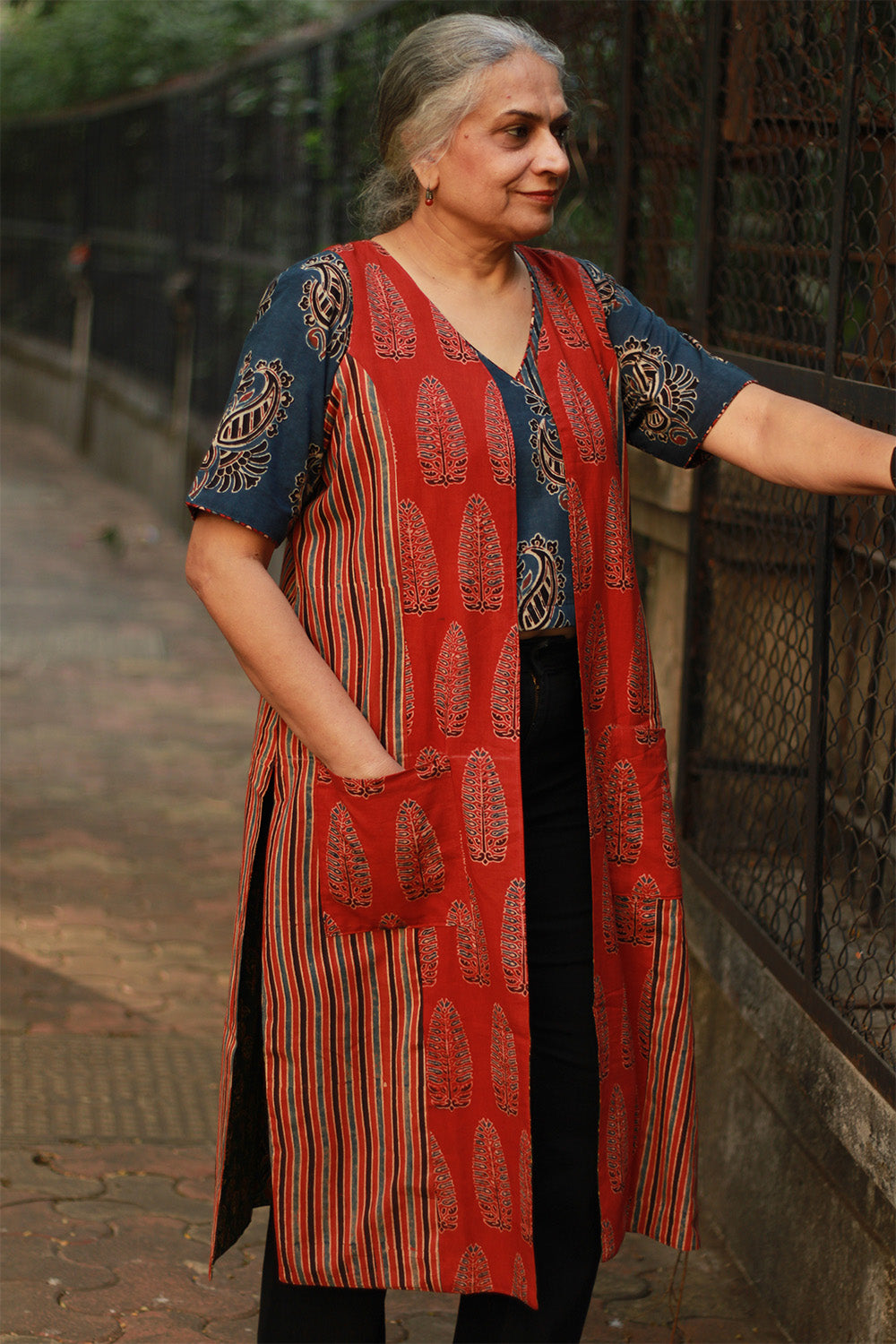 Dohra | Reversible Jacket | Rust Cypress / Green Floral Ajrakh