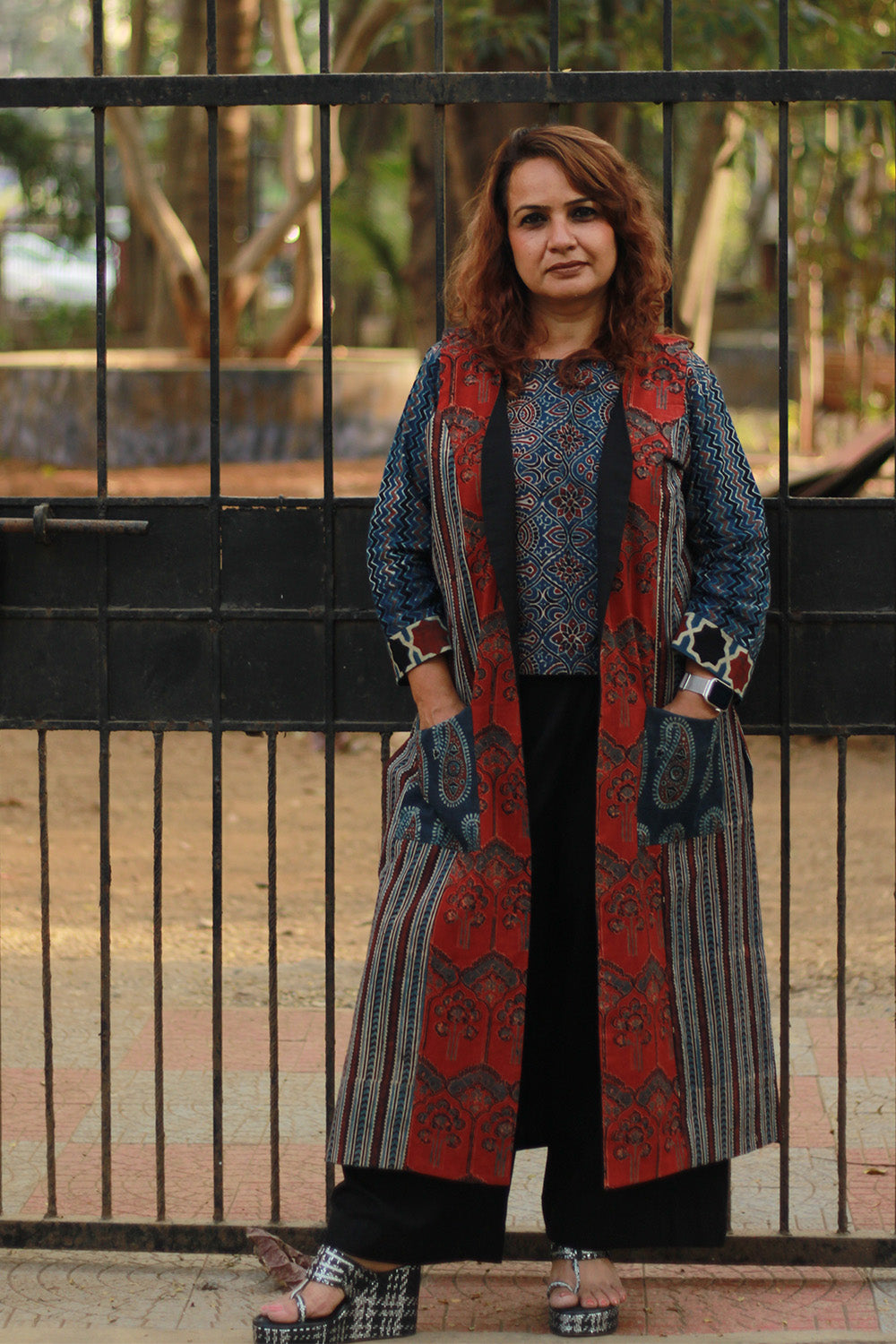 Dohra | Reversible Jacket | Blue Booti Ajrakh / Noir Stripes Ajrakh