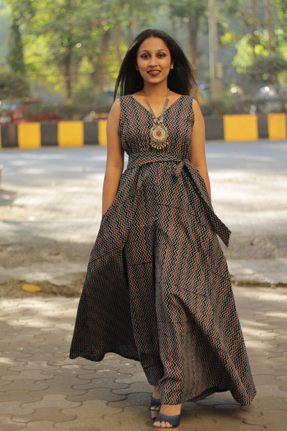 Urmi | Wide Legged Jumpsuit | Navy Blue Chevron Ajrakh