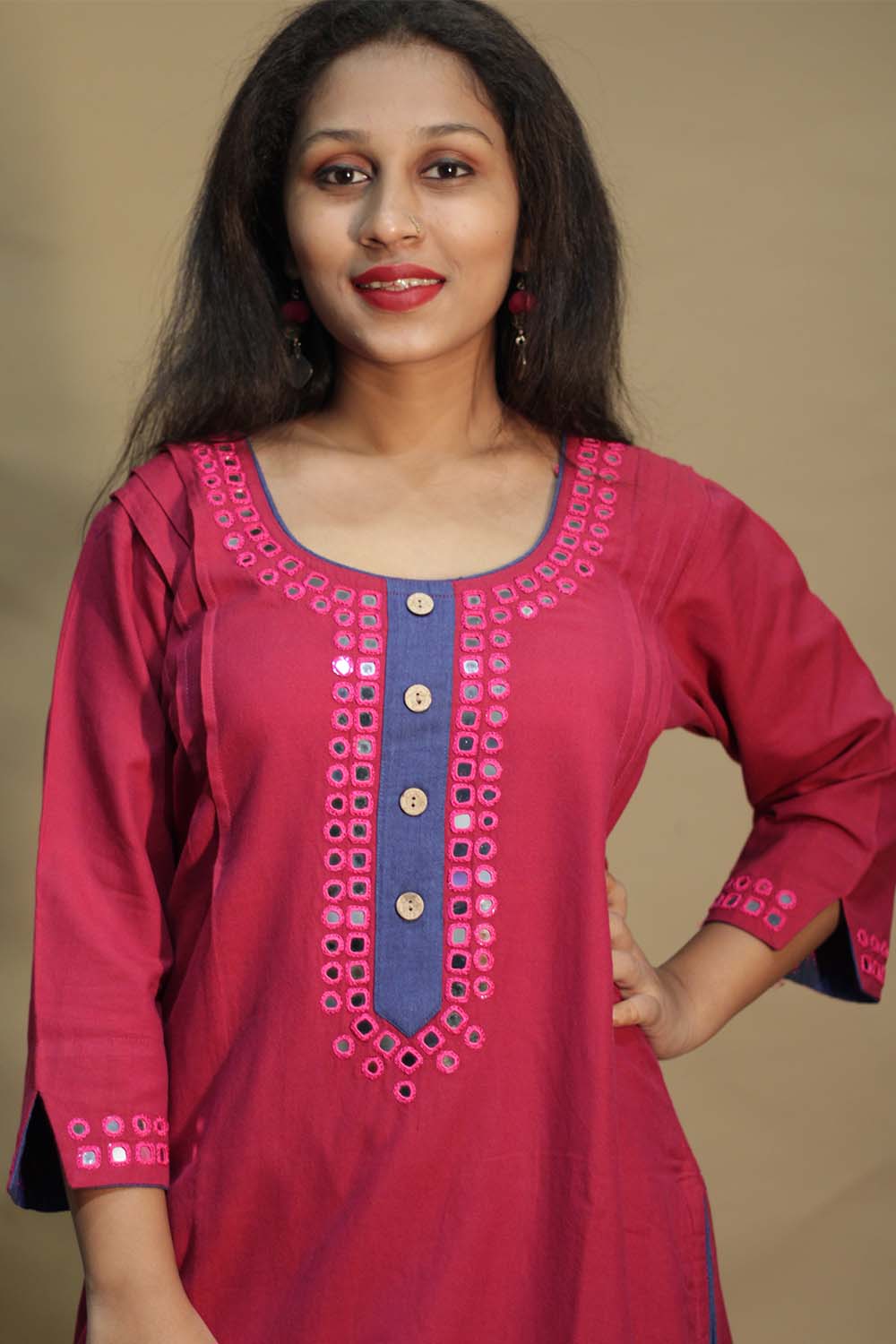Shishej | Long Kurta with Mirrorwork | Fuchsia