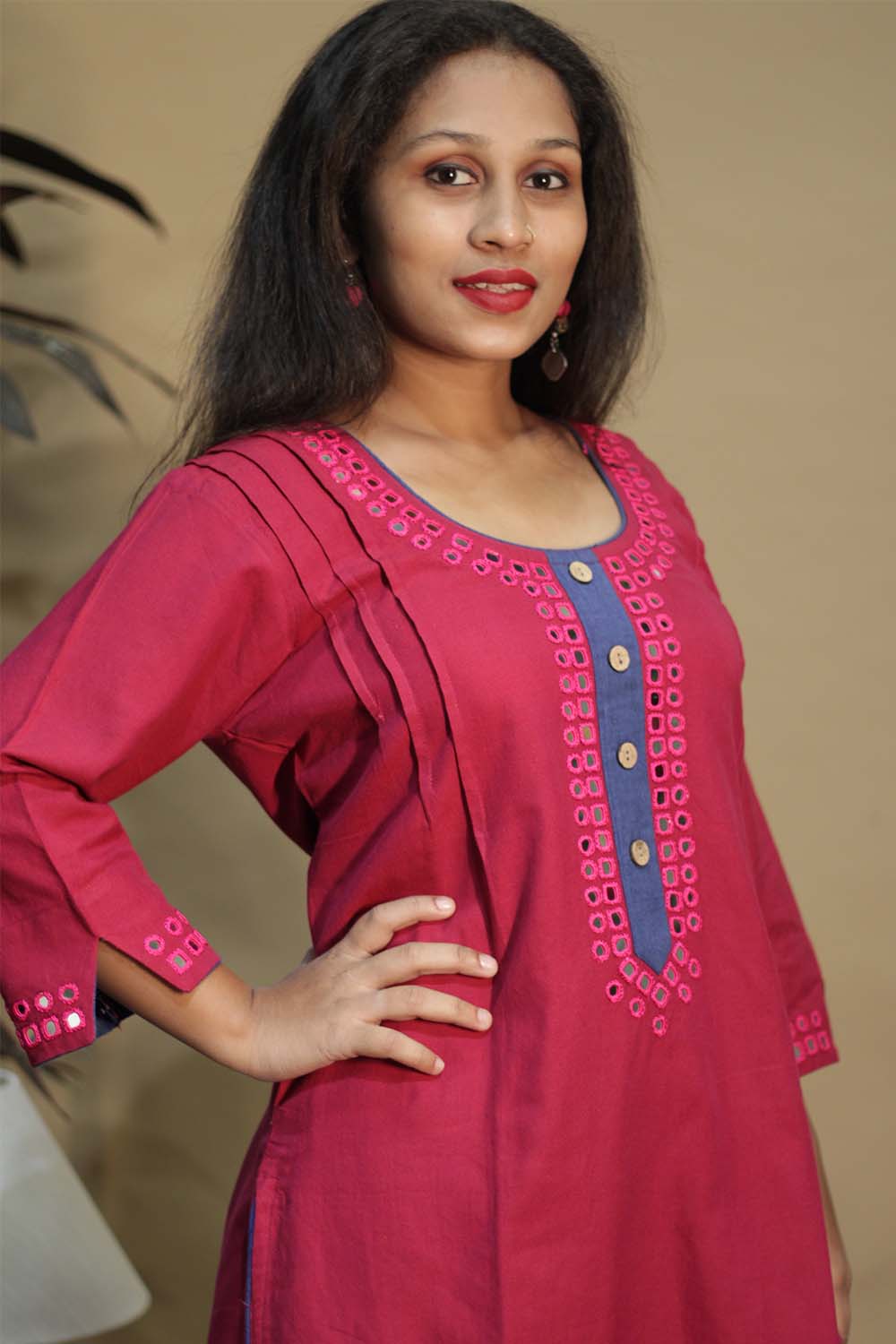 Shishej | Long Kurta with Mirrorwork | Fuchsia