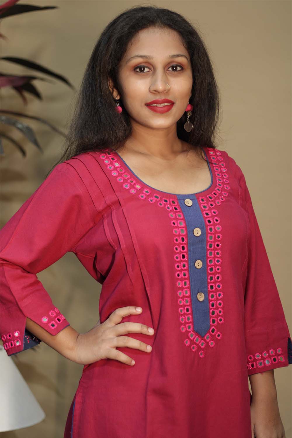 Shishej | Long Kurta with Mirrorwork | Fuchsia