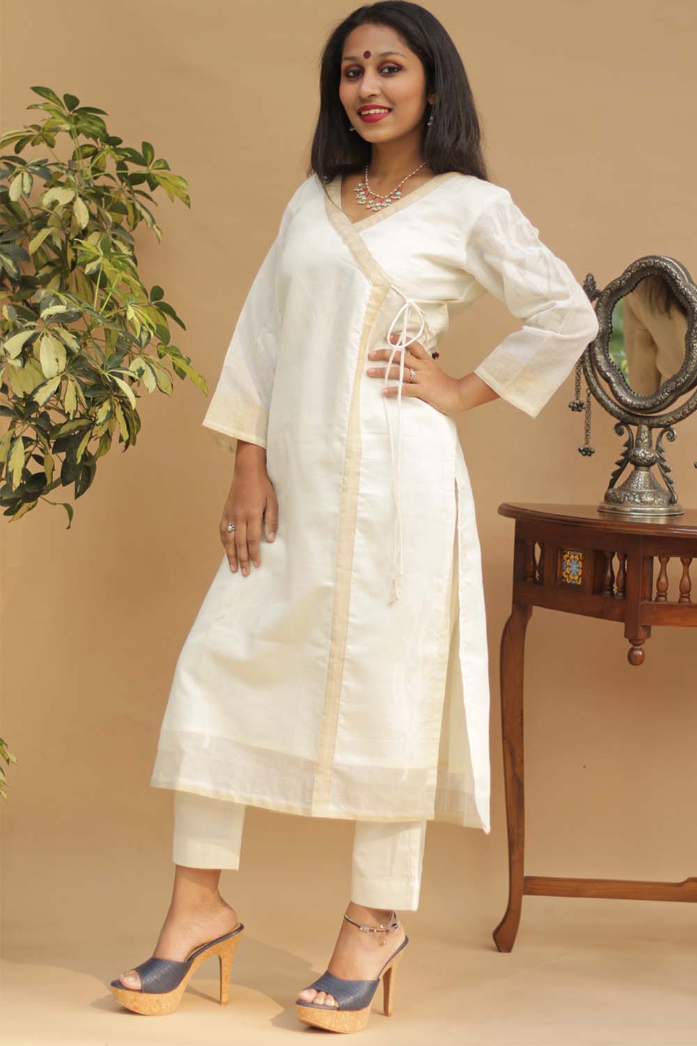 Abha | Angarkha Style Kurta | Floral Banarasi Cotton