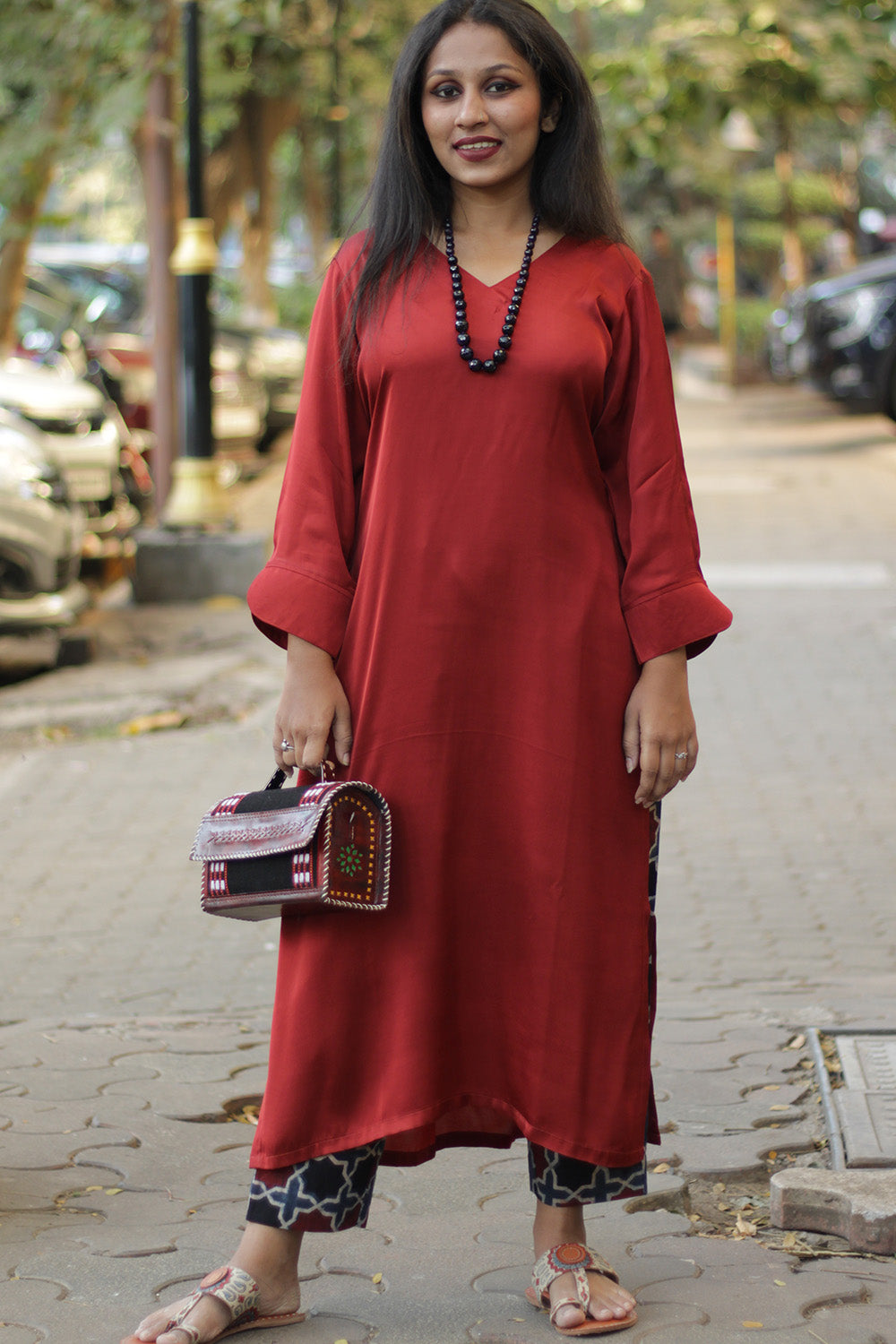 Long Kurta | Modal Silk | Crimson Red