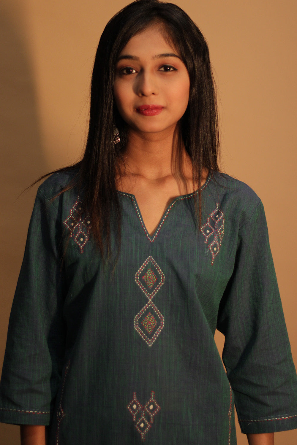 Riya | Embroidered Cotton Kurta | Peacock Green