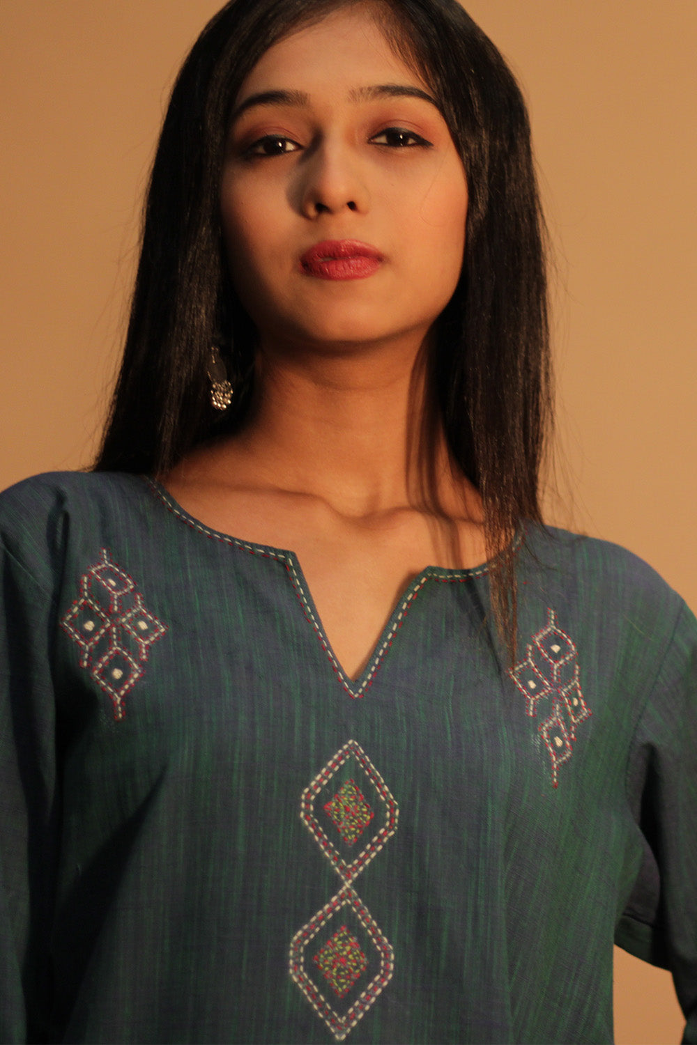 Riya | Embroidered Cotton Kurta | Peacock Green