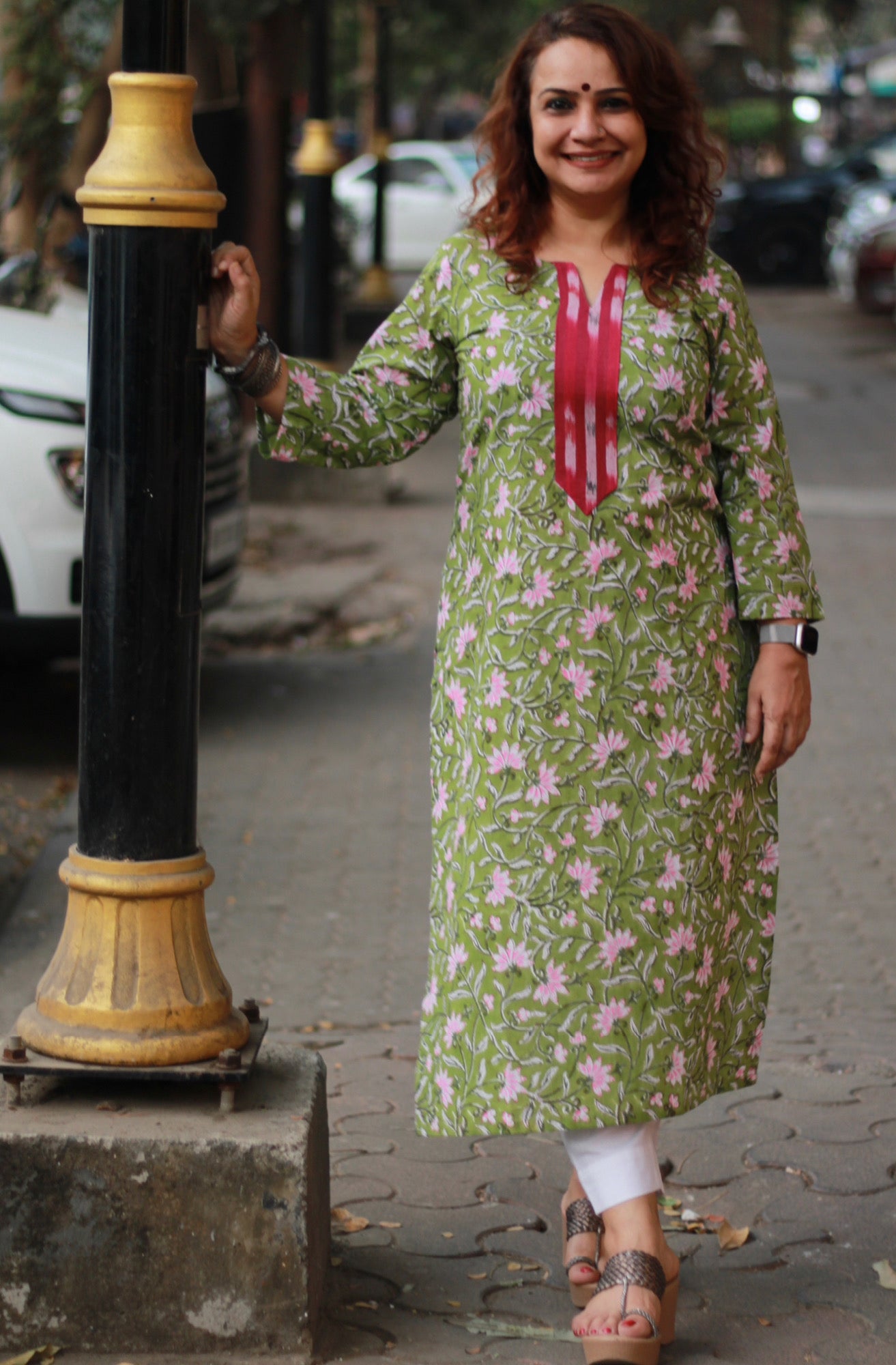 Arya | Long Kurta | Green Floral Sanganeri with Ikkat Yoke