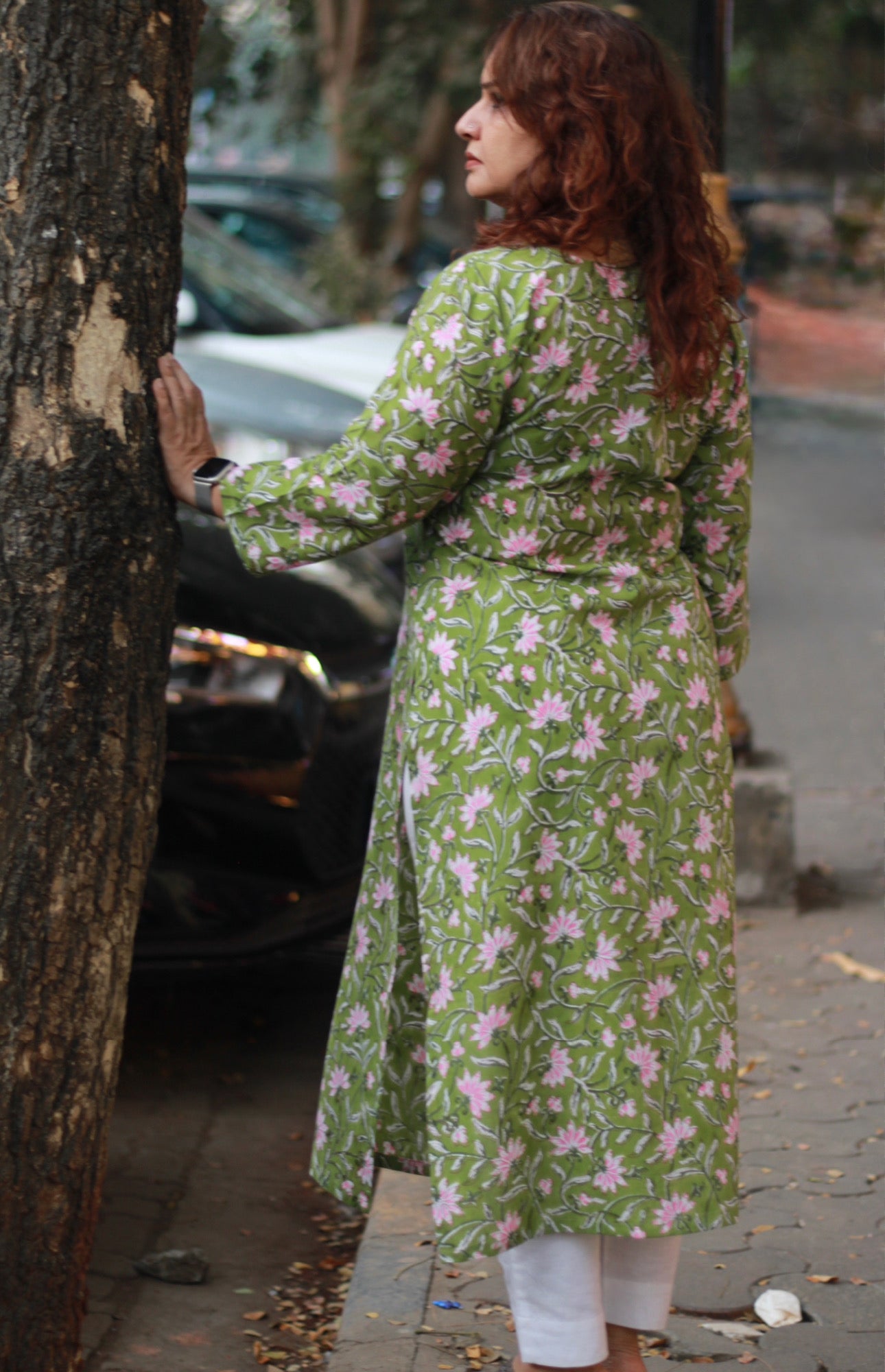 Arya | Long Kurta | Green Floral Sanganeri with Ikkat Yoke