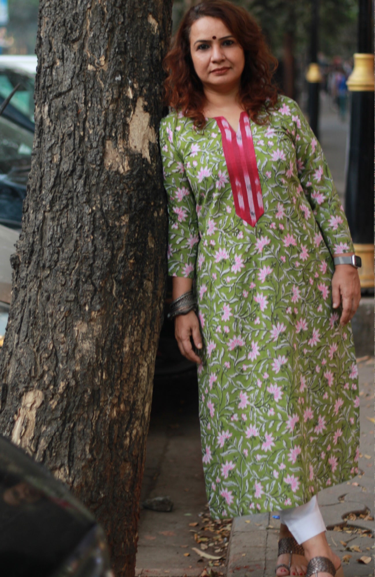 Arya | Long Kurta | Green Floral Sanganeri with Ikkat Yoke
