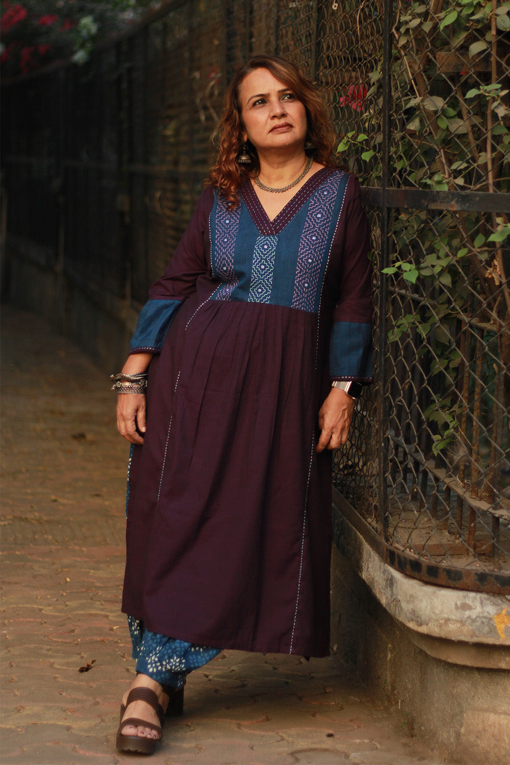 Riya | Embroidered Cotton Kurta | Aubergine with Blue