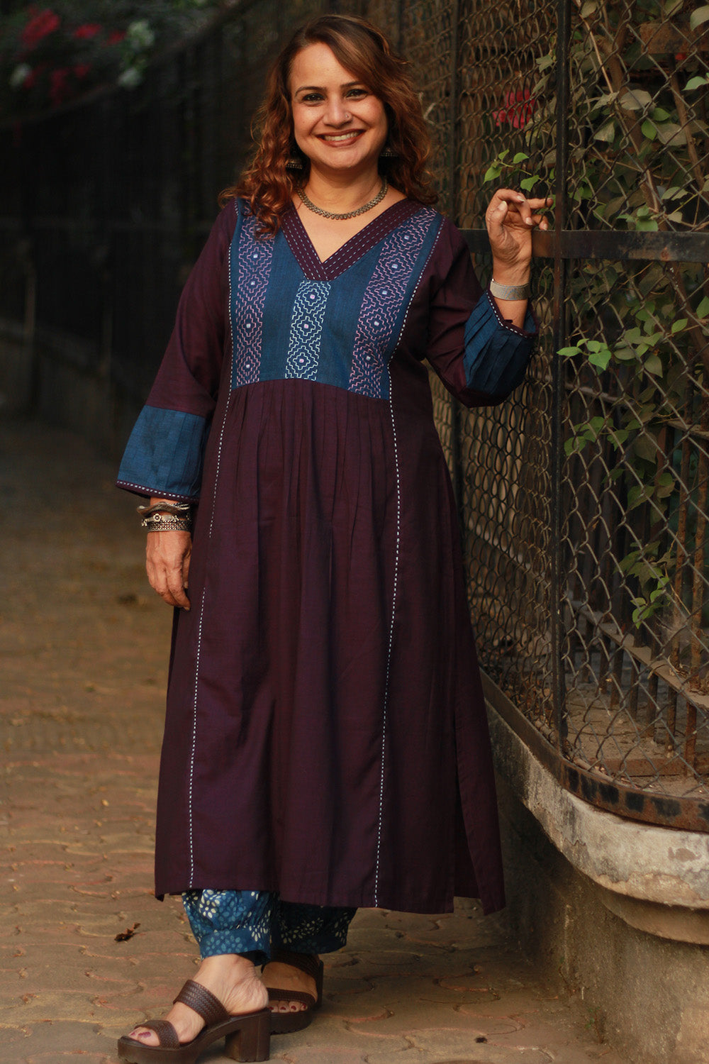 Riya | Embroidered Cotton Kurta | Aubergine with Blue