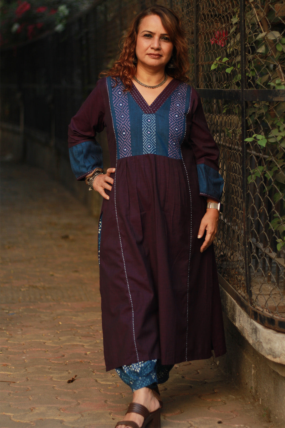 Riya | Embroidered Cotton Kurta | Aubergine with Blue