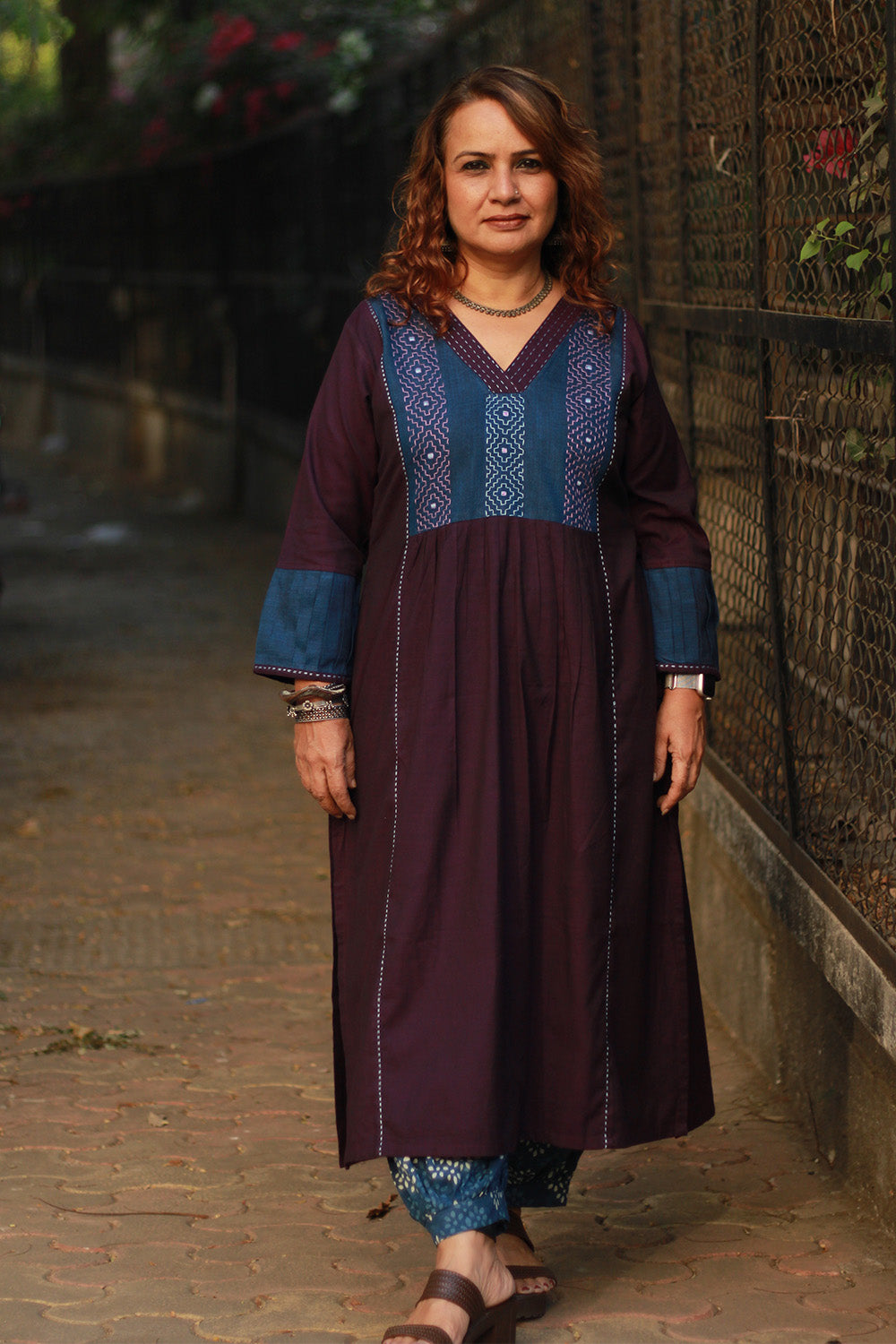 Riya | Embroidered Cotton Kurta | Aubergine with Blue