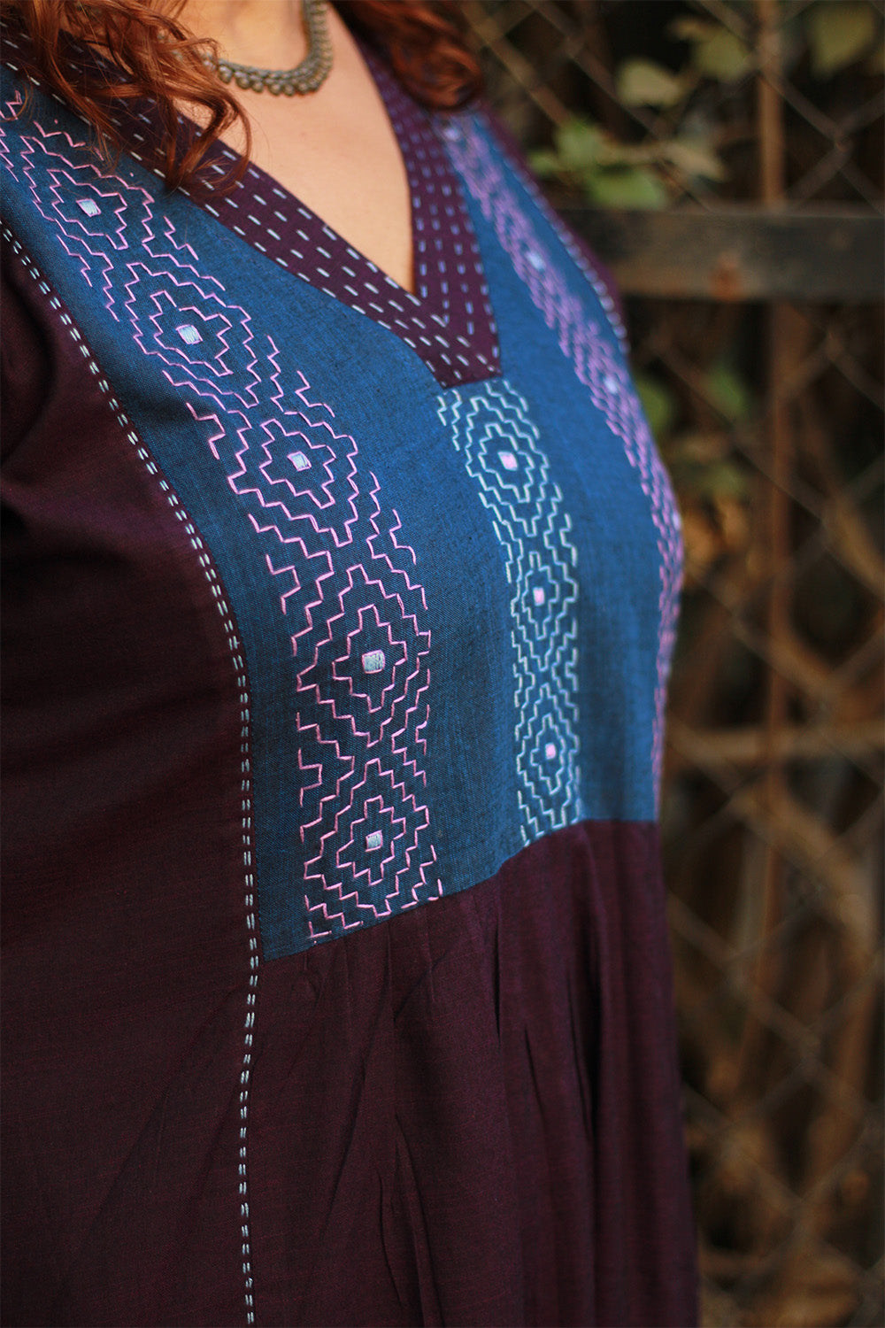 Riya | Embroidered Cotton Kurta | Aubergine with Blue
