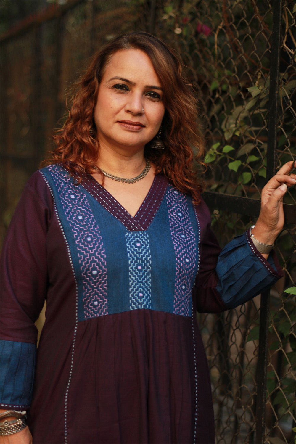 Riya | Embroidered Cotton Kurta | Aubergine with Blue