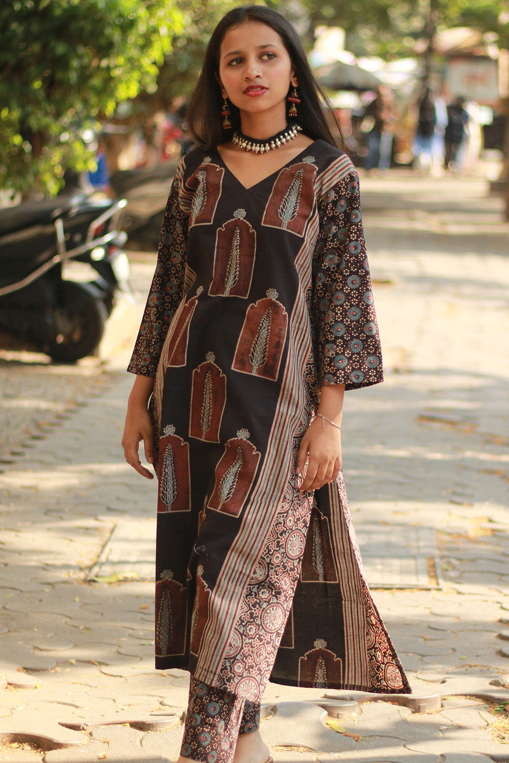 Abhira | Long Kurta | Noir Pine Ajrakh