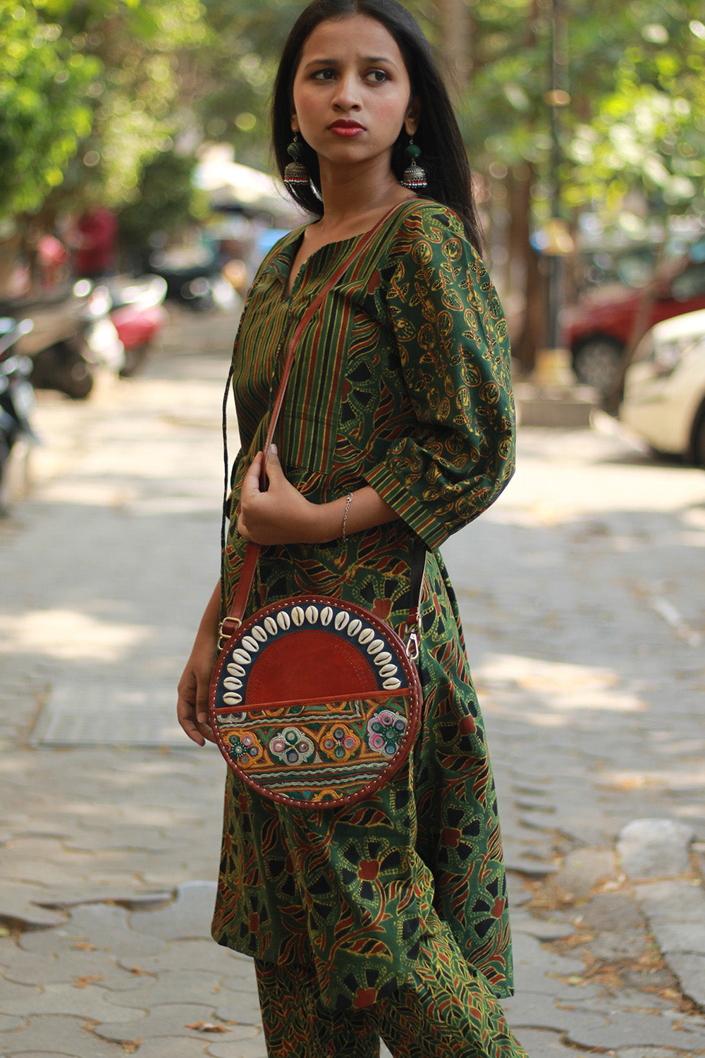 Handcrafted Kutch Leather Bag | Mirrorwork | Brown