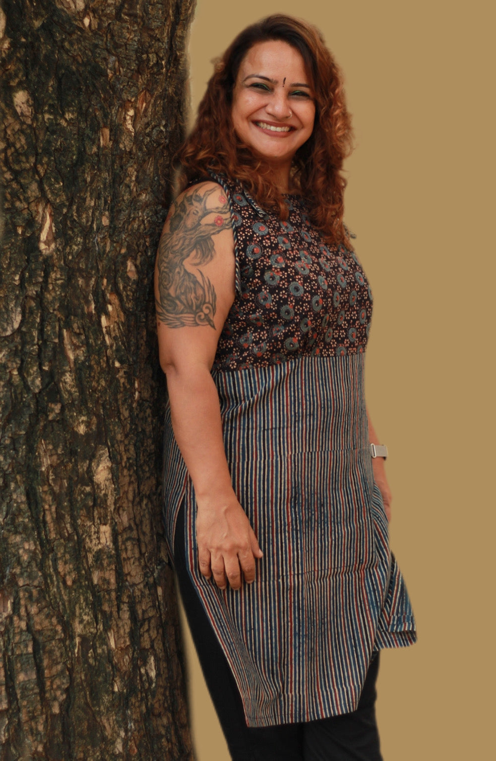 Chanchal | Dori Kurta | Noir Floral & Stripes Ajrakh