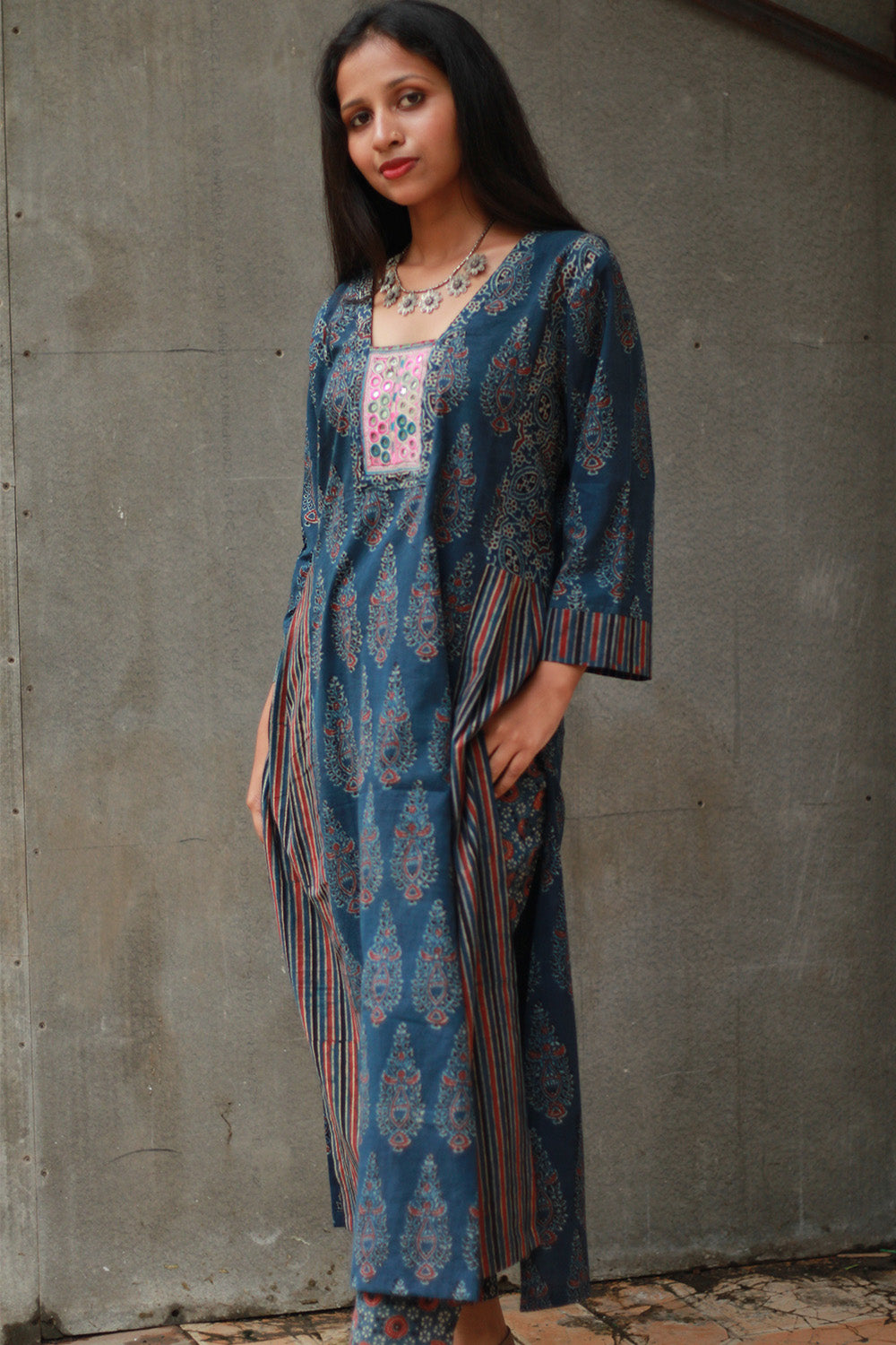 Banjari | Ajrakh Kurta | Navy Blue With Embroidery