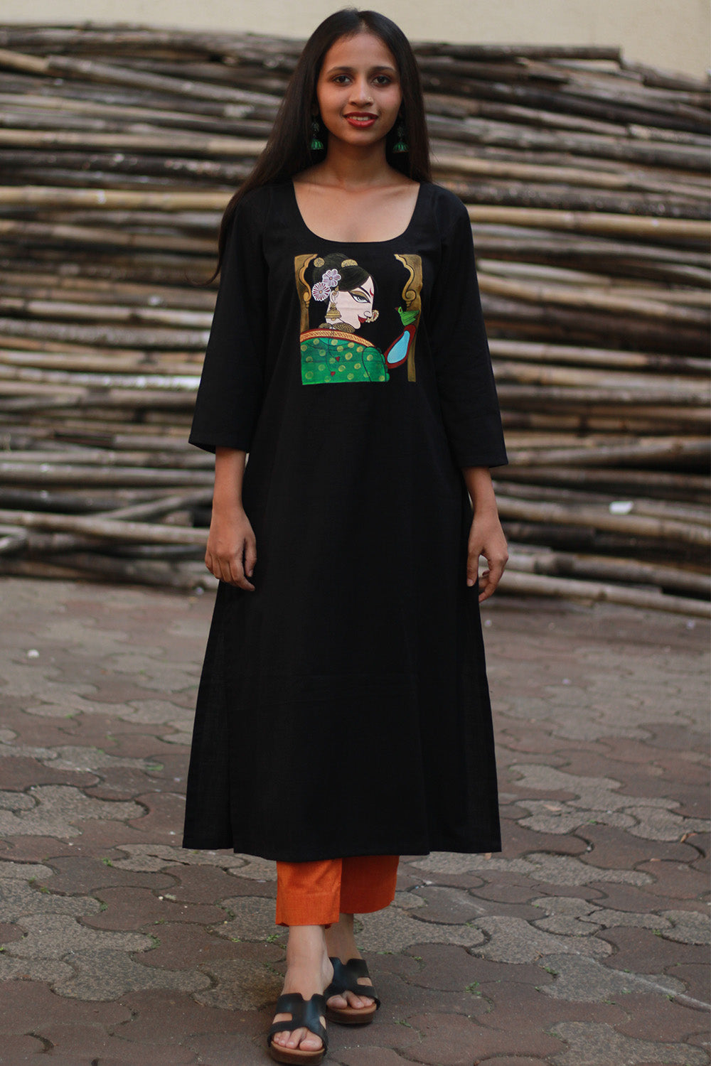 Long Kurta | Hand Painted Yoke | Noir