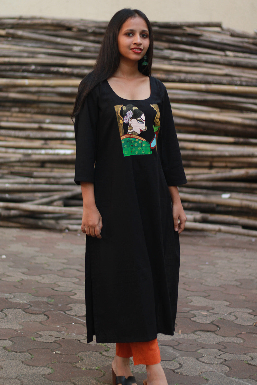 Long Kurta | Hand Painted Yoke | Noir