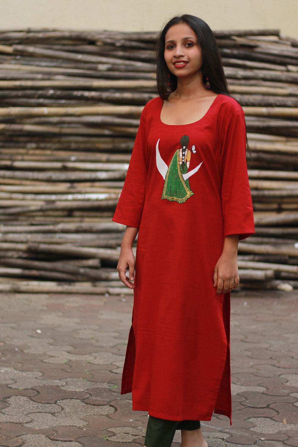 Long Kurta | Hand Painted Yoke | Rouge