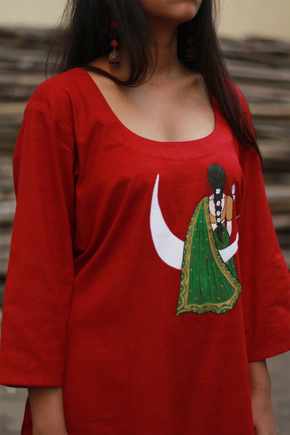 Long Kurta | Hand Painted Yoke | Rouge