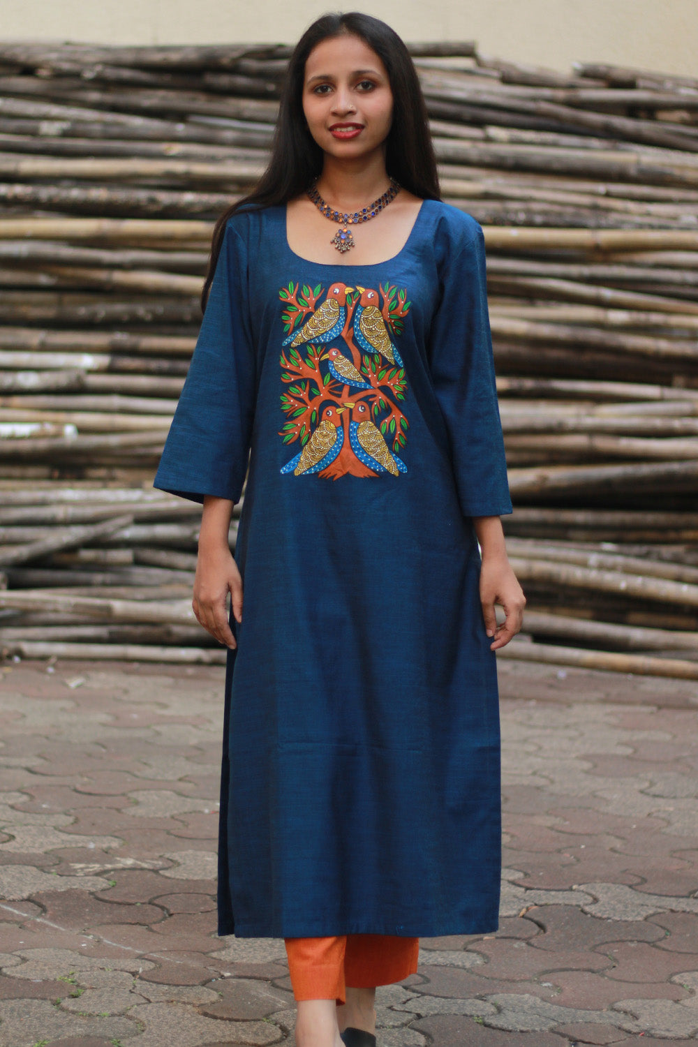 Long Kurta | Hand Painted Yoke | Blue