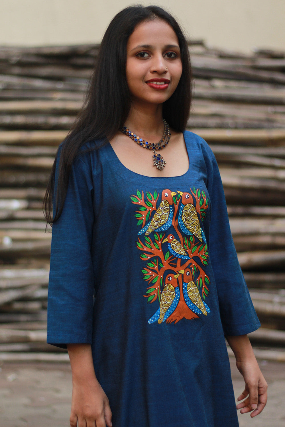 Long Kurta | Hand Painted Yoke | Blue