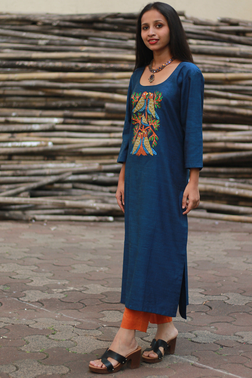 Long Kurta | Hand Painted Yoke | Blue