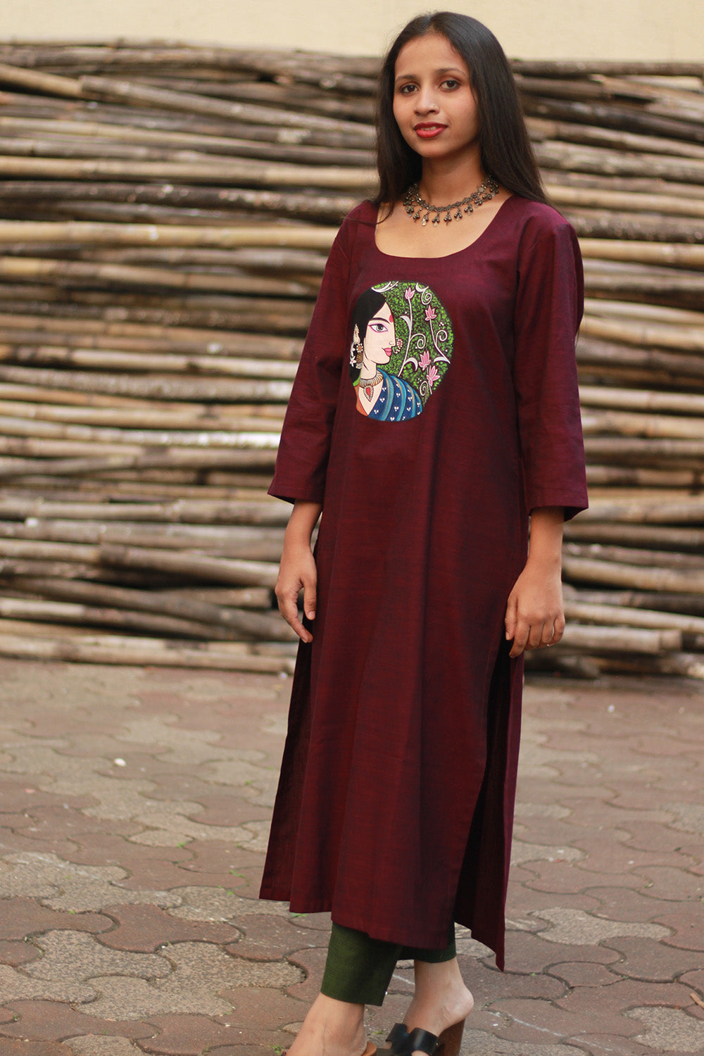 Long Kurta | Hand Painted Yoke | Wine