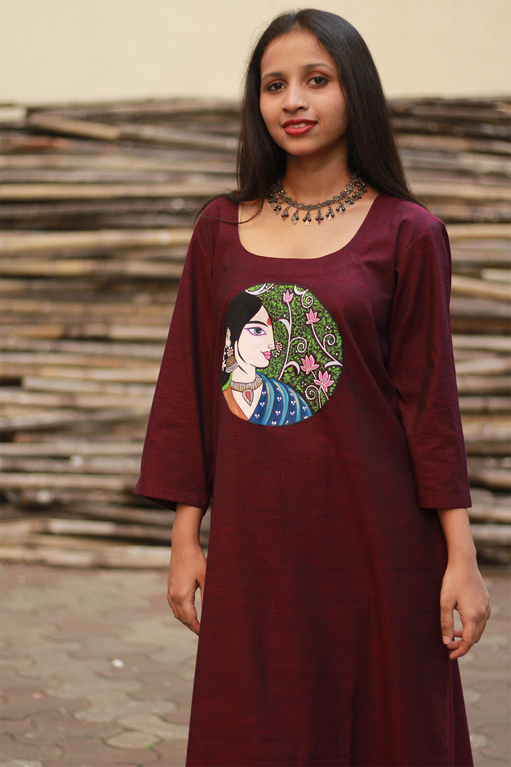 Long Kurta | Hand Painted Yoke | Wine