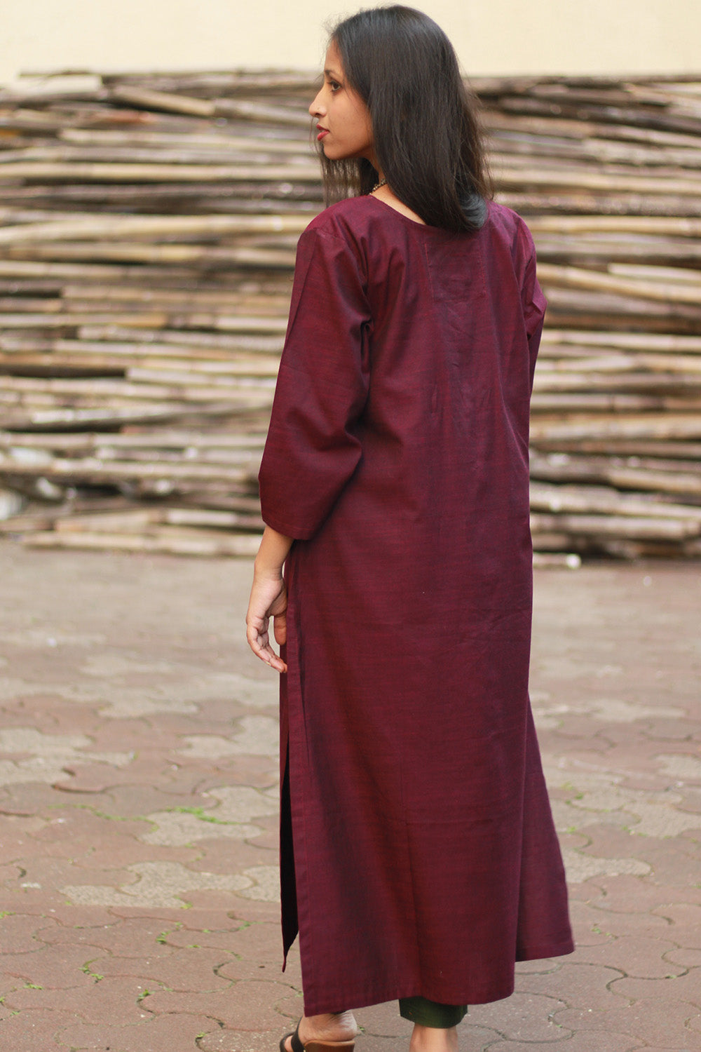 Long Kurta | Hand Painted Yoke | Wine