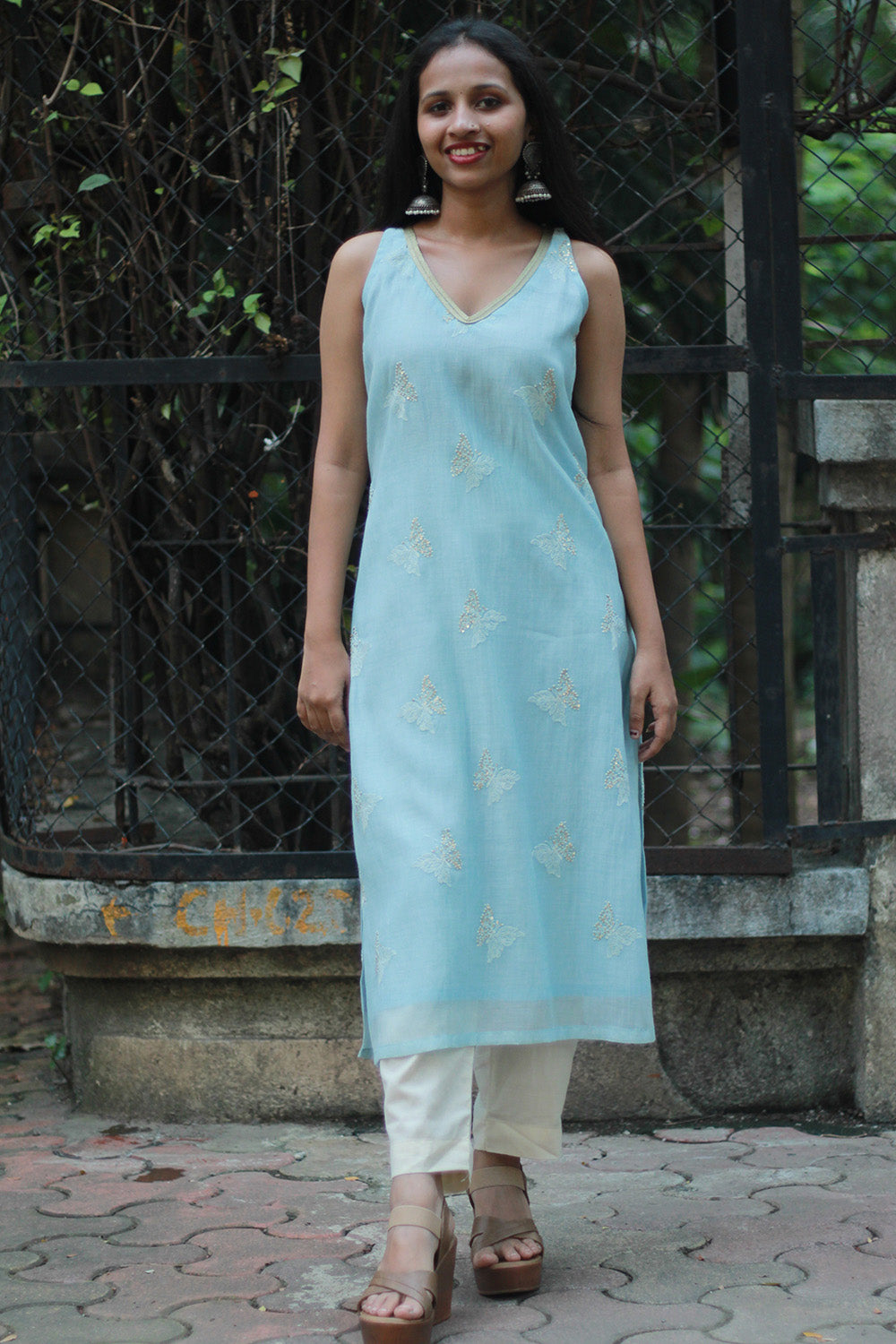 Sleeveless Chanderi Cotton Silk Kurta | Blue