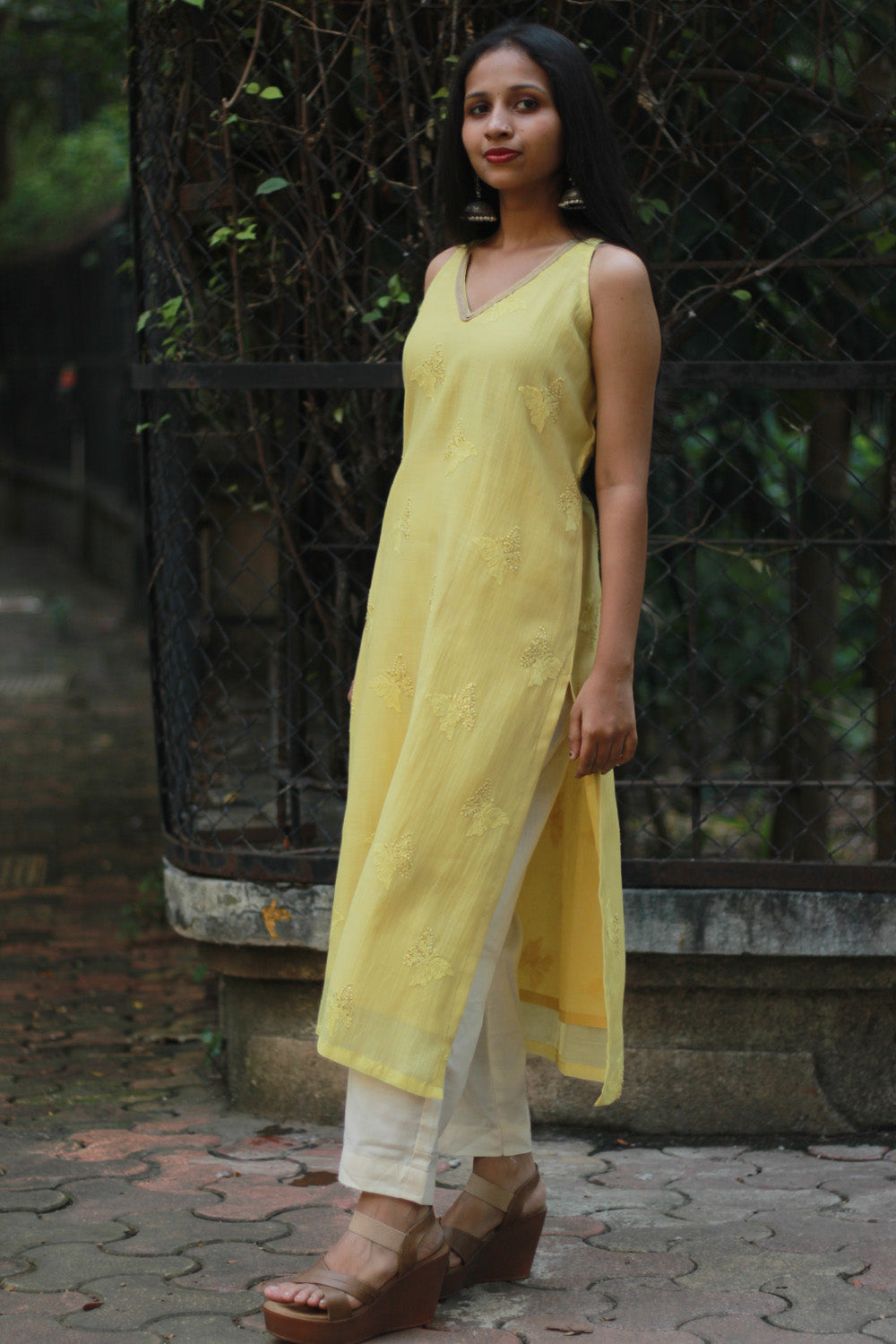 Sleeveless Chanderi Cotton Silk Kurta | Yellow