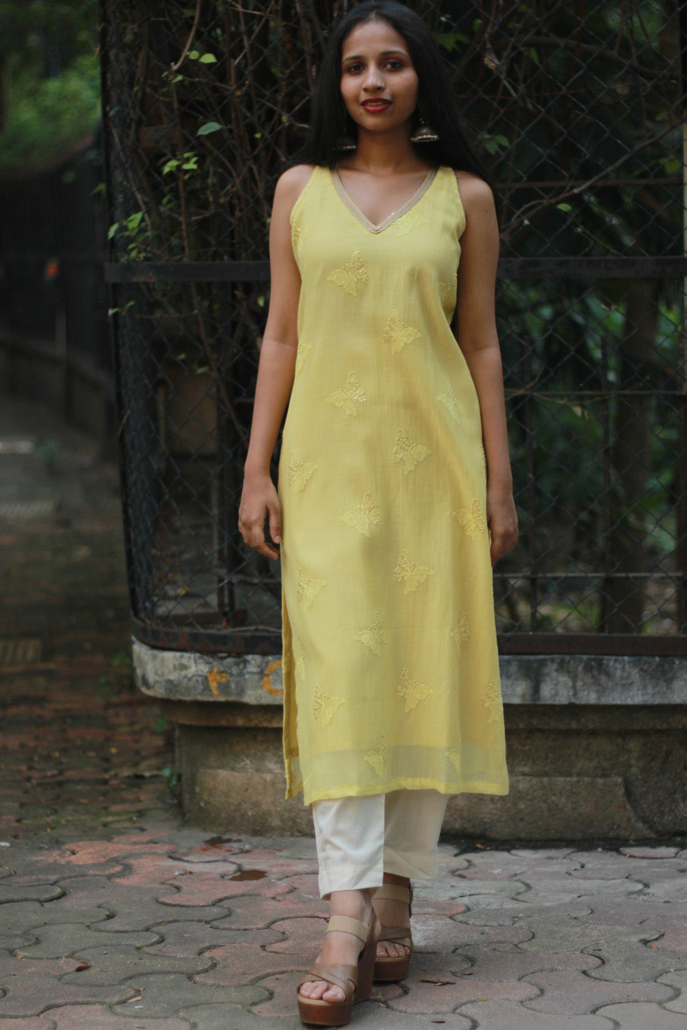 Sleeveless Chanderi Cotton Silk Kurta | Yellow