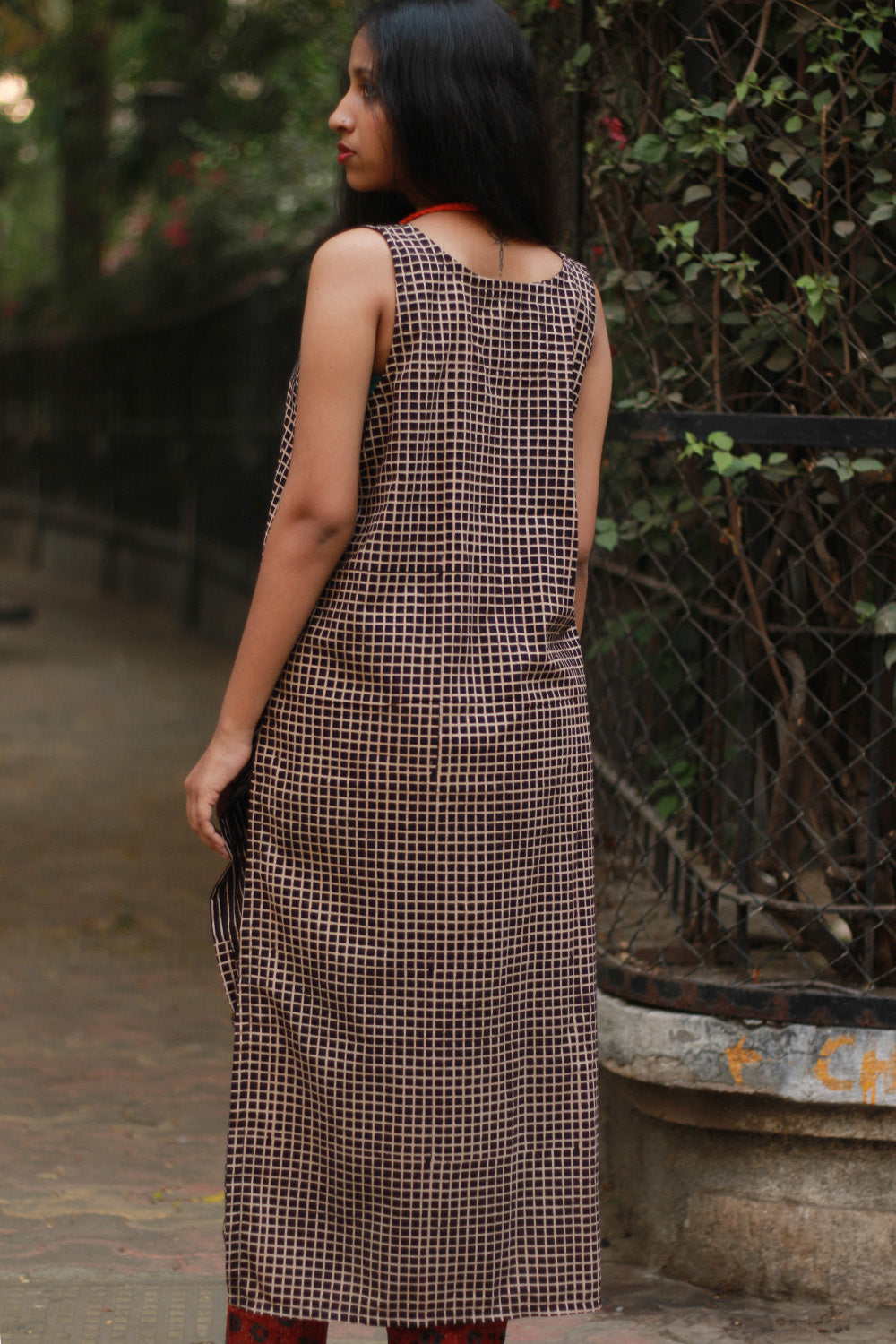 Dhaariyan | Sleeveless Long Kurta | Noir Stripes Ajrakh