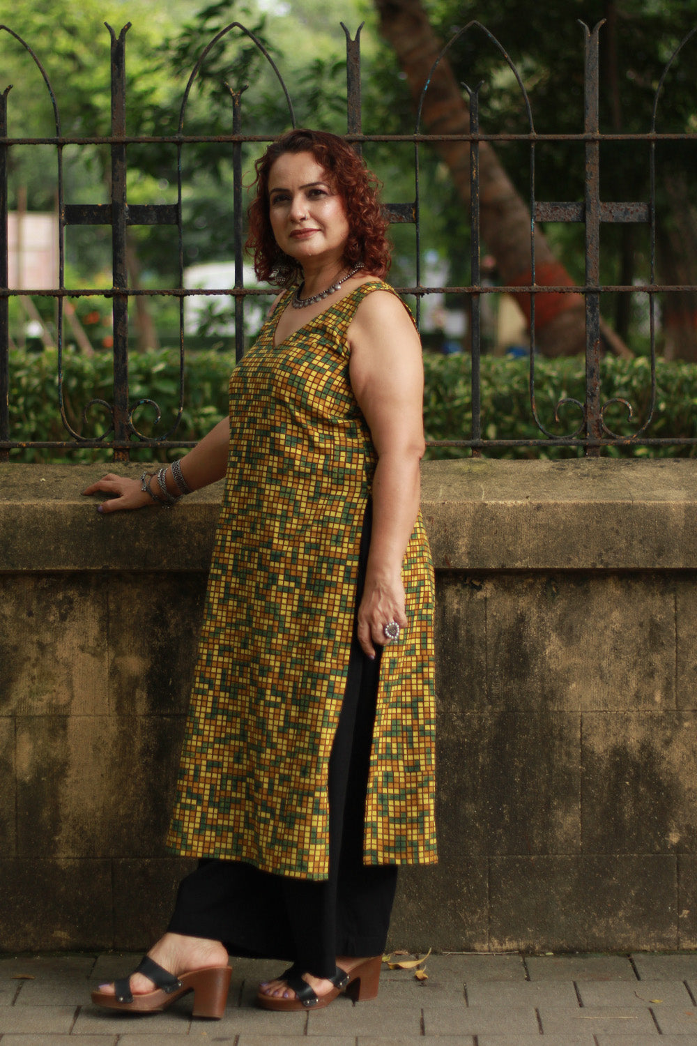 Vanya | Sleeveless Long Kurta | Mustard Ajrakh