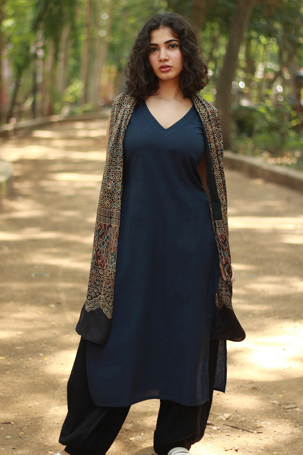 Sleeveless Cotton Kurta | Navy Blue