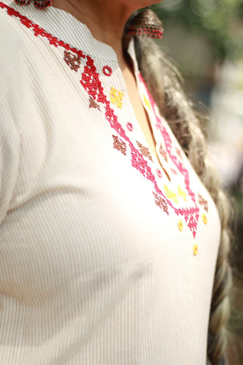 Long Kurta | Sindhi Tanka | Grey Stripes