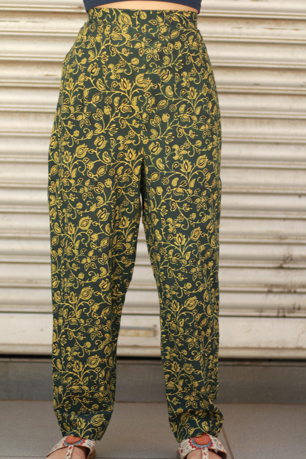 Pranava | Slim Pants | Green Floral Ajrakh