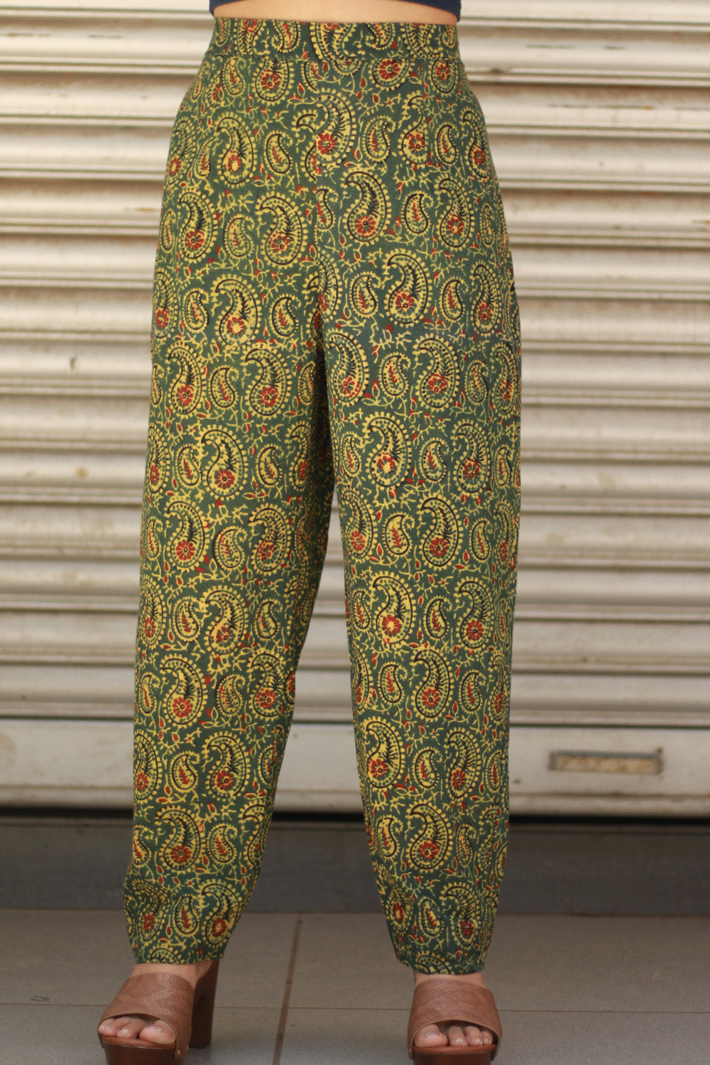 Pranava | Slim Pants | Green Kairi Ajrakh