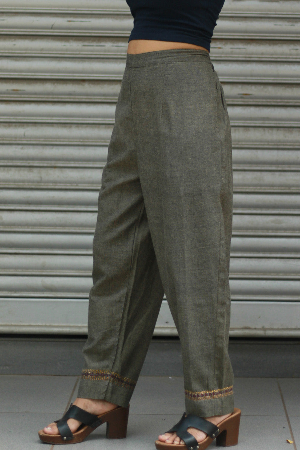 Amala | Slim Pants | Embroidered | Ash Brown
