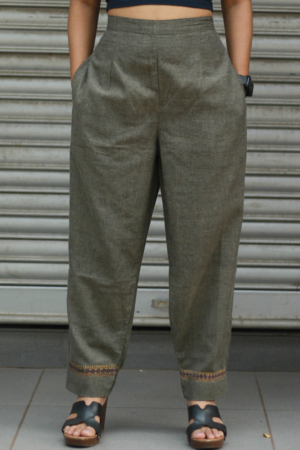 Amala | Slim Pants | Embroidered | Ash Brown