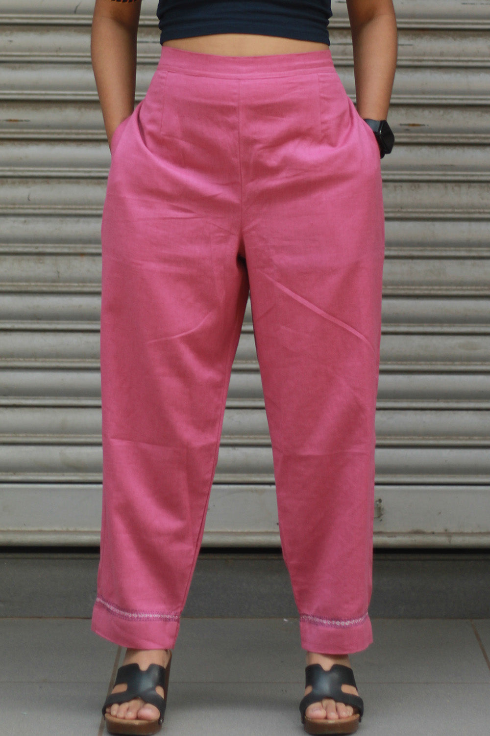 Amala | Slim Pants | Embroidered | Pink