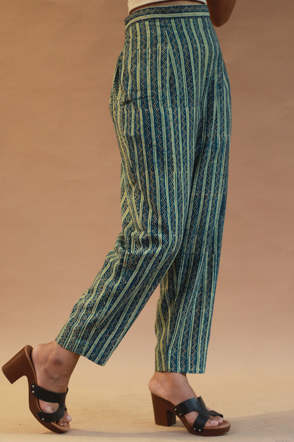 Pranava | Slim Pants | Sea Green Chevron Ajrakh