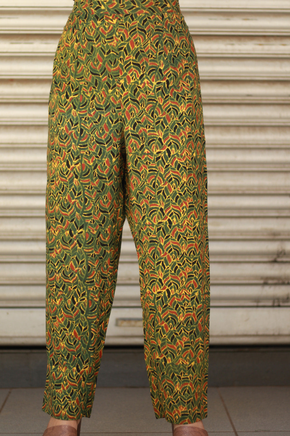 Pranava | Slim Pants | Ajrakh Green Leaves