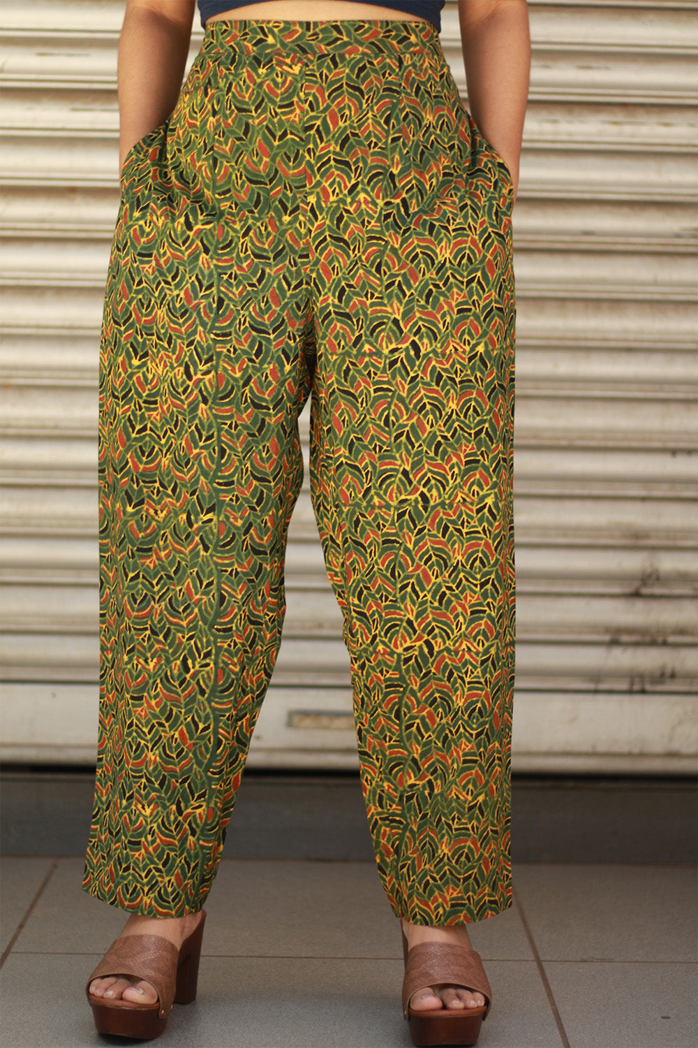 Pranava | Slim Pants | Ajrakh Green Leaves