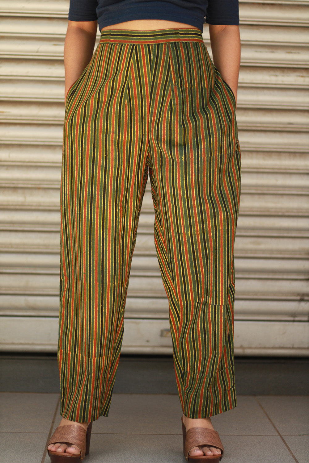 Dhaariyan | Pranava | Slim Pants | Green Stripes Ajrakh